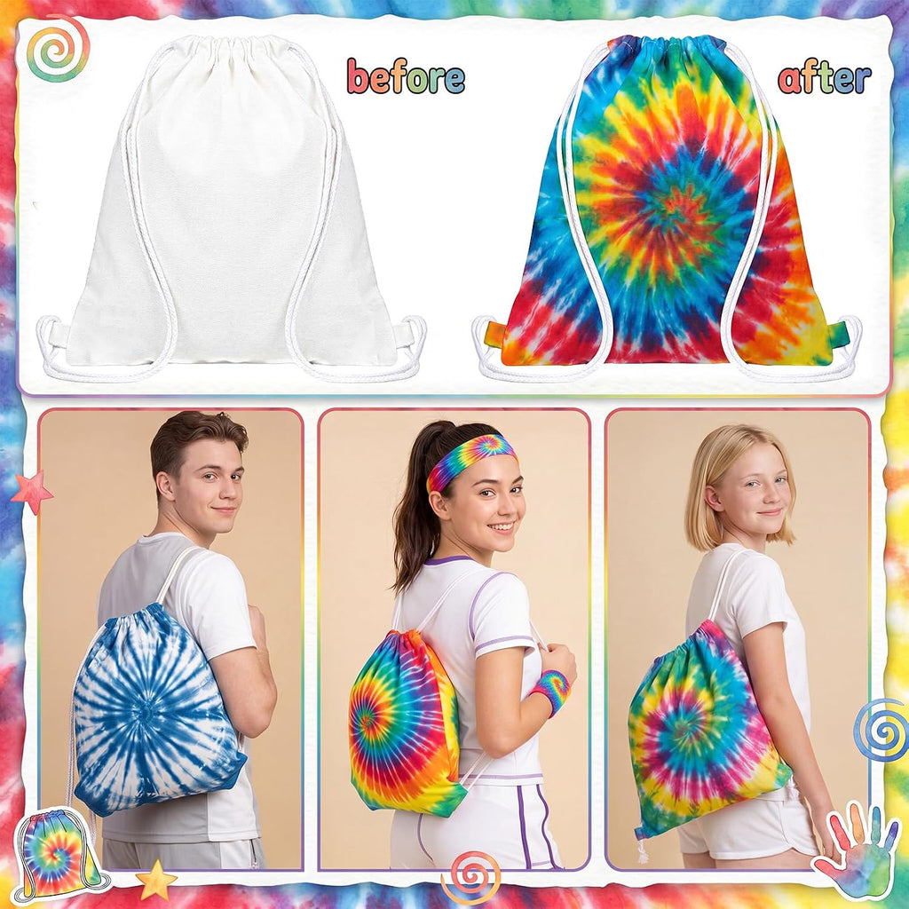 Acellegic 60 bolsas blancas con cordón de algodón teñido anudado con 60 pares de guantes, 60 bolsas sellables y 200 bandas de goma, kit de mochilas de lona en blanco con cordón para regalos de fiesta