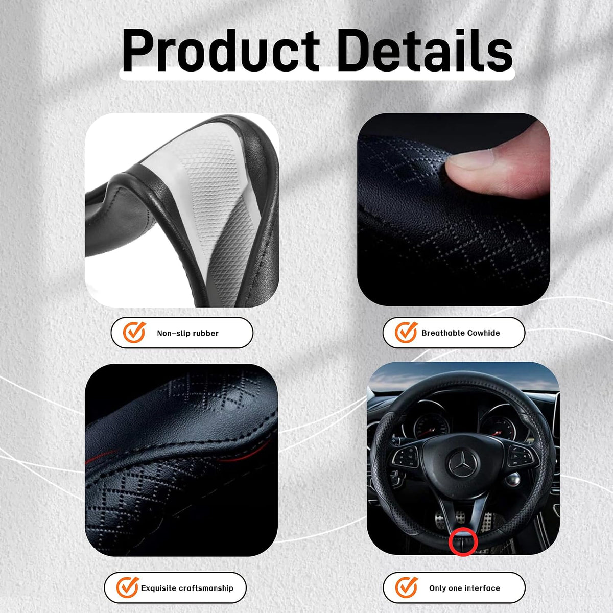 Funda de Volante de Cuero Negro Funda de Volante de Cuero de Vaca Cuero Genuino Funda de Volante para BMW Tamaño Universal M / 15 pulgadas Compatible con Coche/Auto/SUV (A-Negro-M)