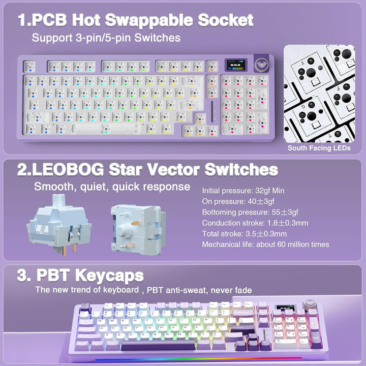 AULA Teclado mecánico inalámbrico S98 Pro con pantalla y perilla, t...