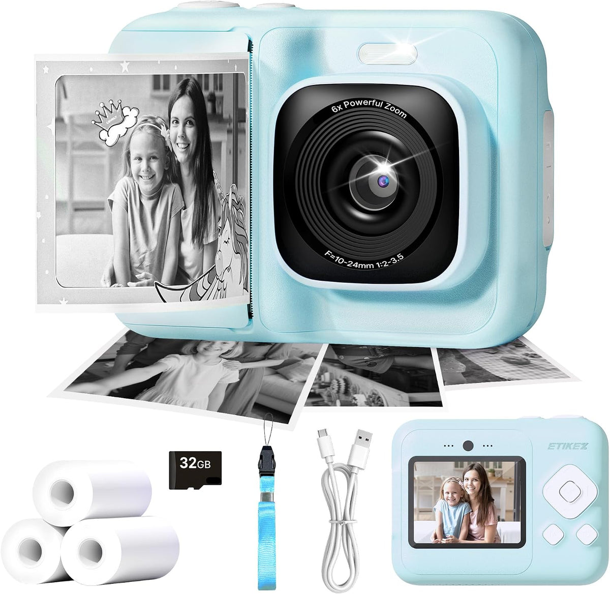 Cámara de impresión instantánea para niños, 1080P con tarjeta de 32