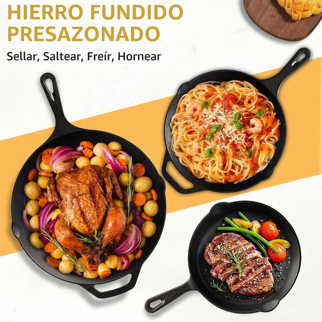 EWFEN Juego de 3 sartenes de hierro fundido, sartenes pre-sazonadas de 8, 10 y 12 pulgadas, utensilios de cocina profesionales de alta resistencia con boquilla de goteo, uso en interiores y exteriores