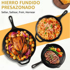 EWFEN Juego de 3 sartenes de hierro fundido, sartenes pre-sazonadas de 8, 10 y 12 pulgadas, utensilios de cocina profesionales de alta resistencia con boquilla de goteo, uso en interiores y exteriores