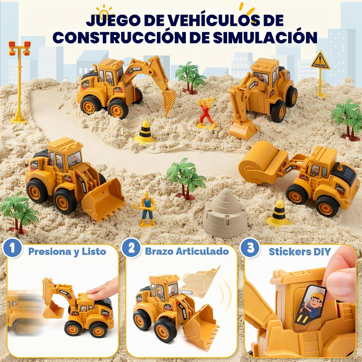 Billeeit Kit de construcción de arena con caja de arena, arena, camiones y
