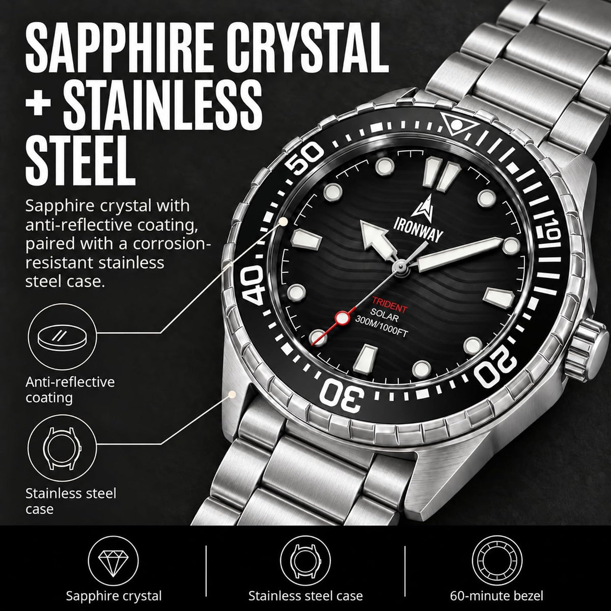 IRONWAY Reloj de buceo para hombre, 300M/30ATM resistente al agua, cuarzo