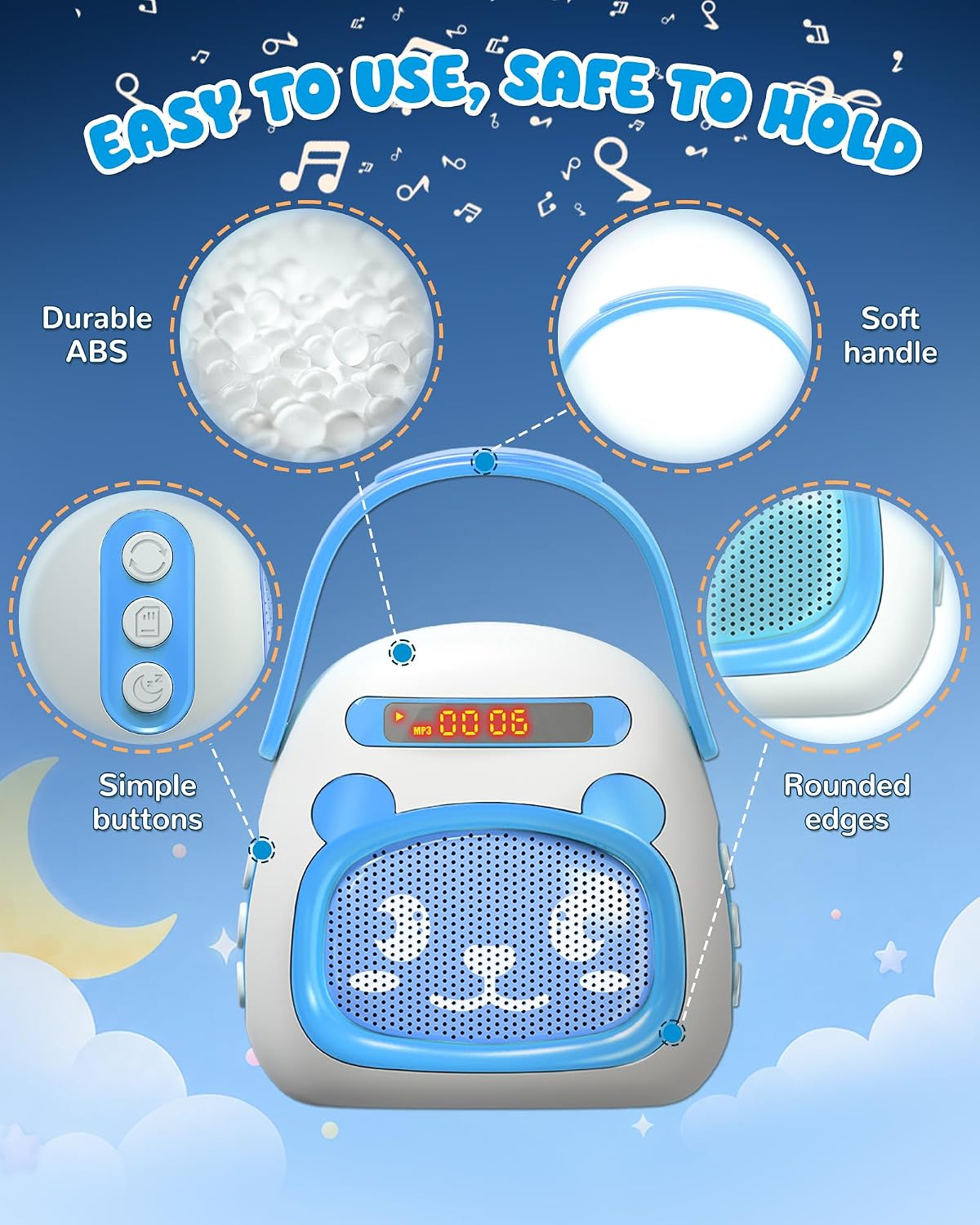Reproductor de música portátil para niños pequeños, historias precargadas canciones de cuna y ruido blanco, mini reproductor MP3 para niños pequeños con altavoz Bluetooth, máquina de sonido de