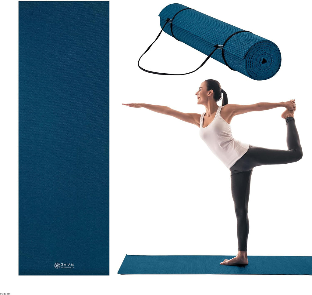 Gaiam Essentials 1/4" Thin (6mm) Yoga & Pilates, Fitness & Exercise Mat con Easy-Cinch Carrier Strap Cusion Support para Fitness y Gym Workouts