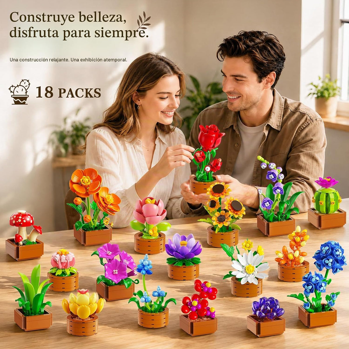 CUBIMANA Paquete de 18 mini construcción botánica de flores para adultos y
