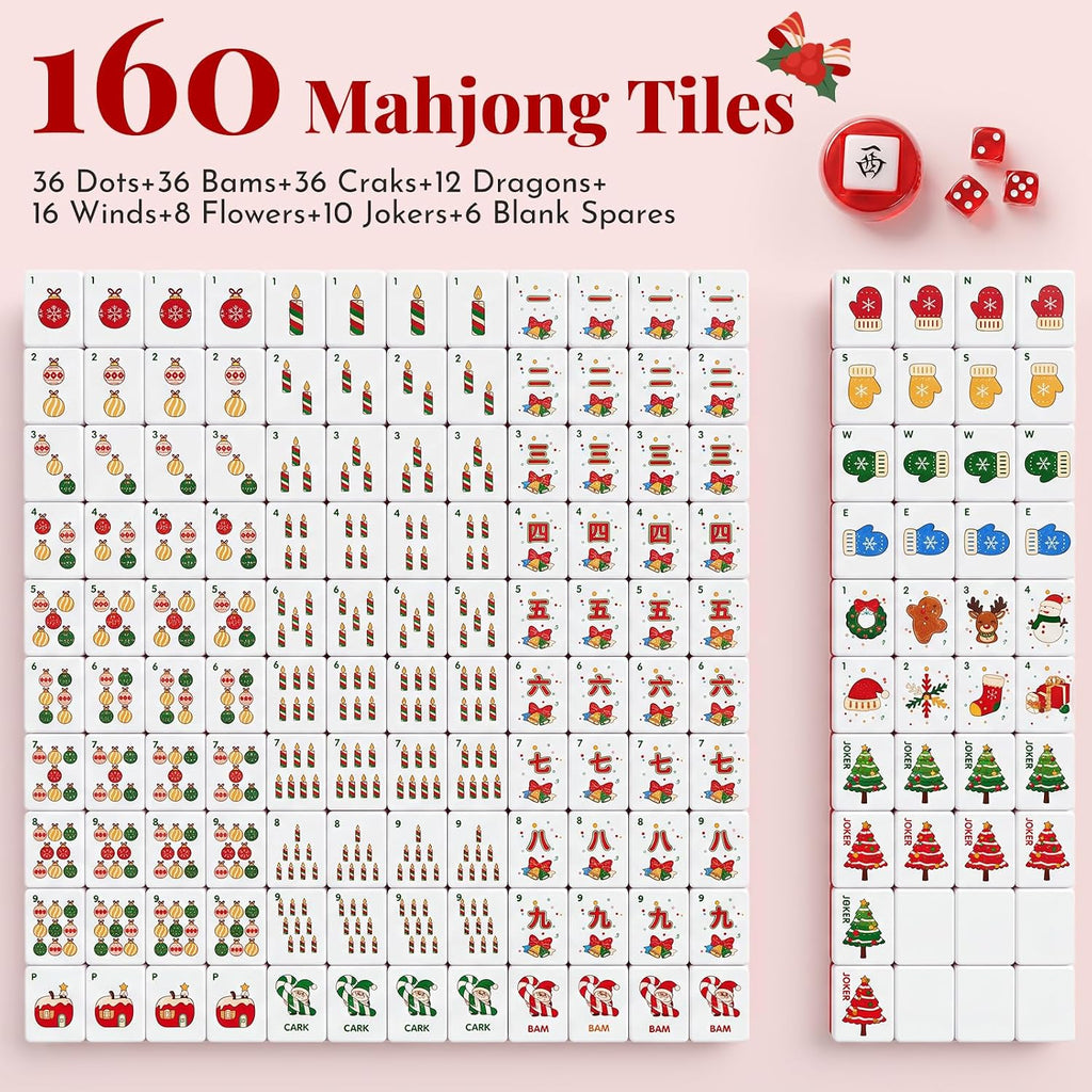 Christmas American Mahjong - Juego de 160 azulejos rojos grabados con bolsa