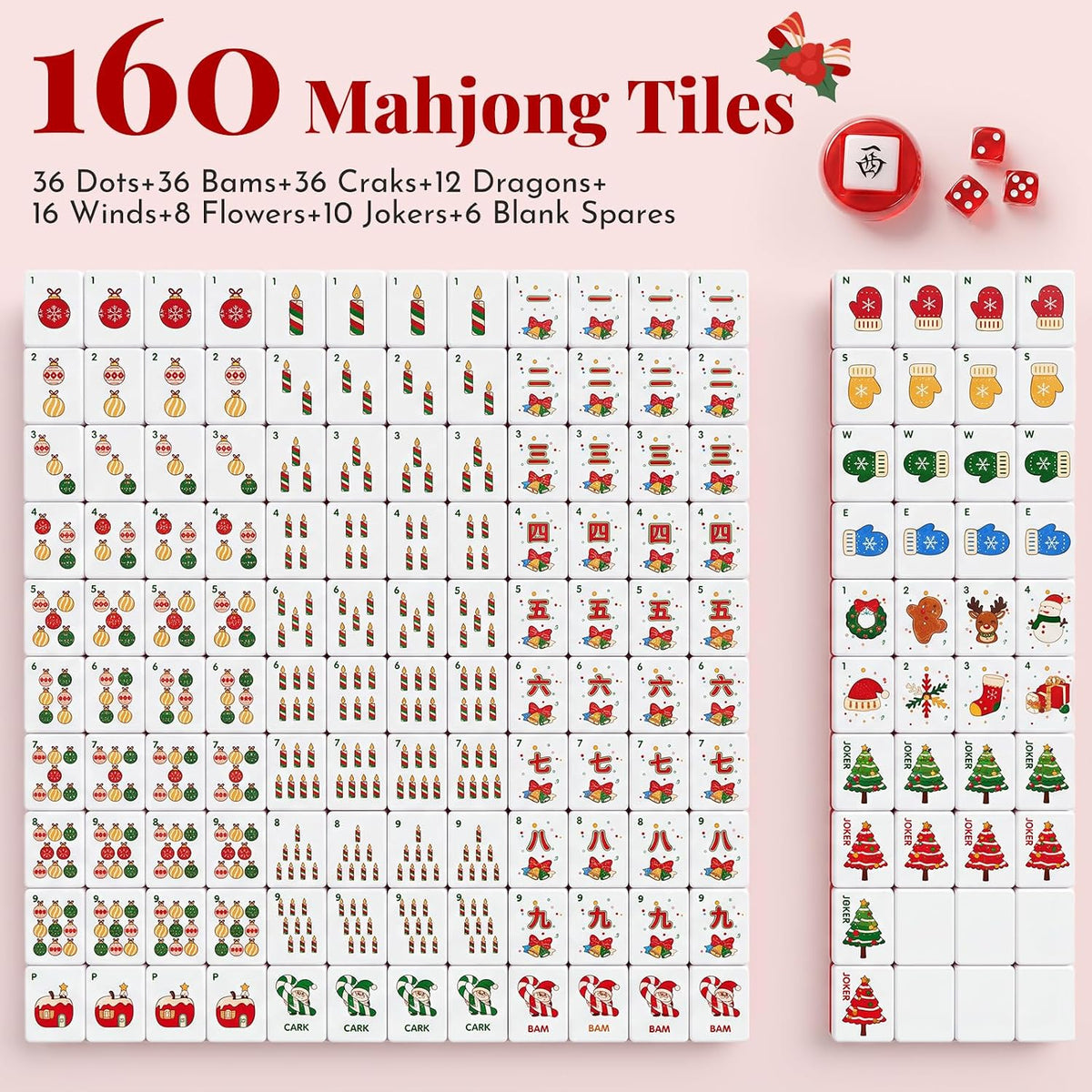 Christmas American Mahjong - Juego de 160 azulejos rojos grabados con bolsa