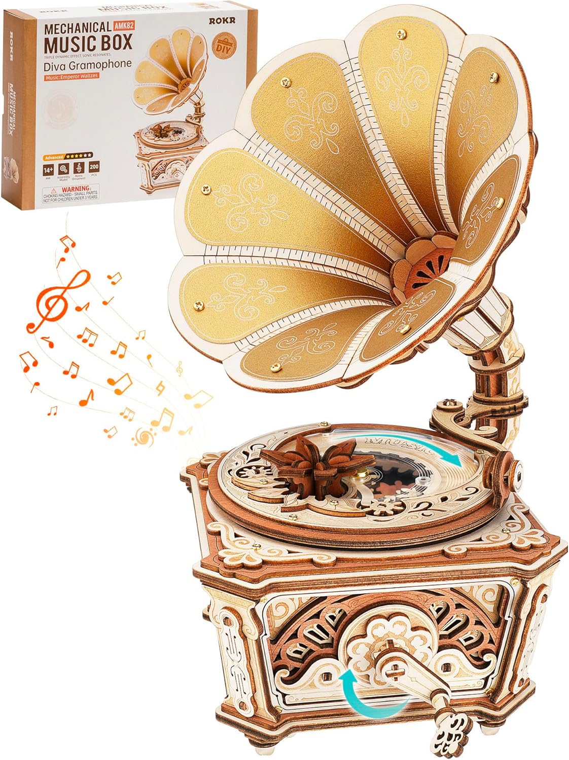 ROKR Rompecabezas de madera 3D para adultos, caja de música con fonógrafo de Diva Kit de modelo mecánico para construir, rompecabezas de fonógrafo de madera, decoración del hogar, manualidades