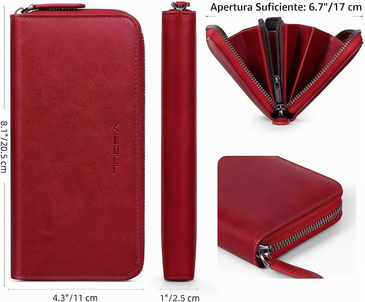 VISOUL Cartera larga de cuero con cremallera para hombres y mujeres con bloqueo RFID, cartera larga de mano grande con cremallera (borgoña)