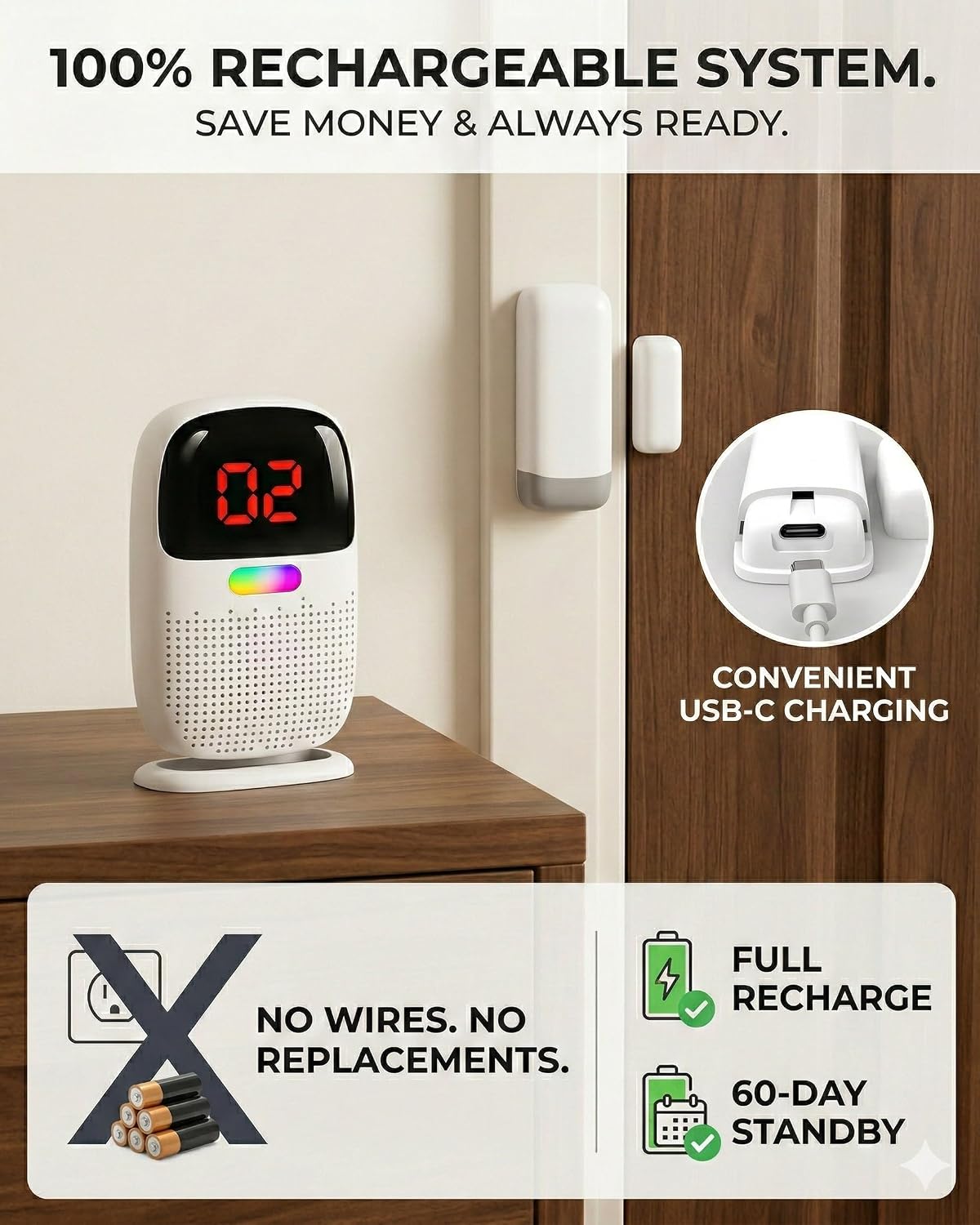 PILSAMAS Alarmas recargables para puertas y ventanas para personas mayores