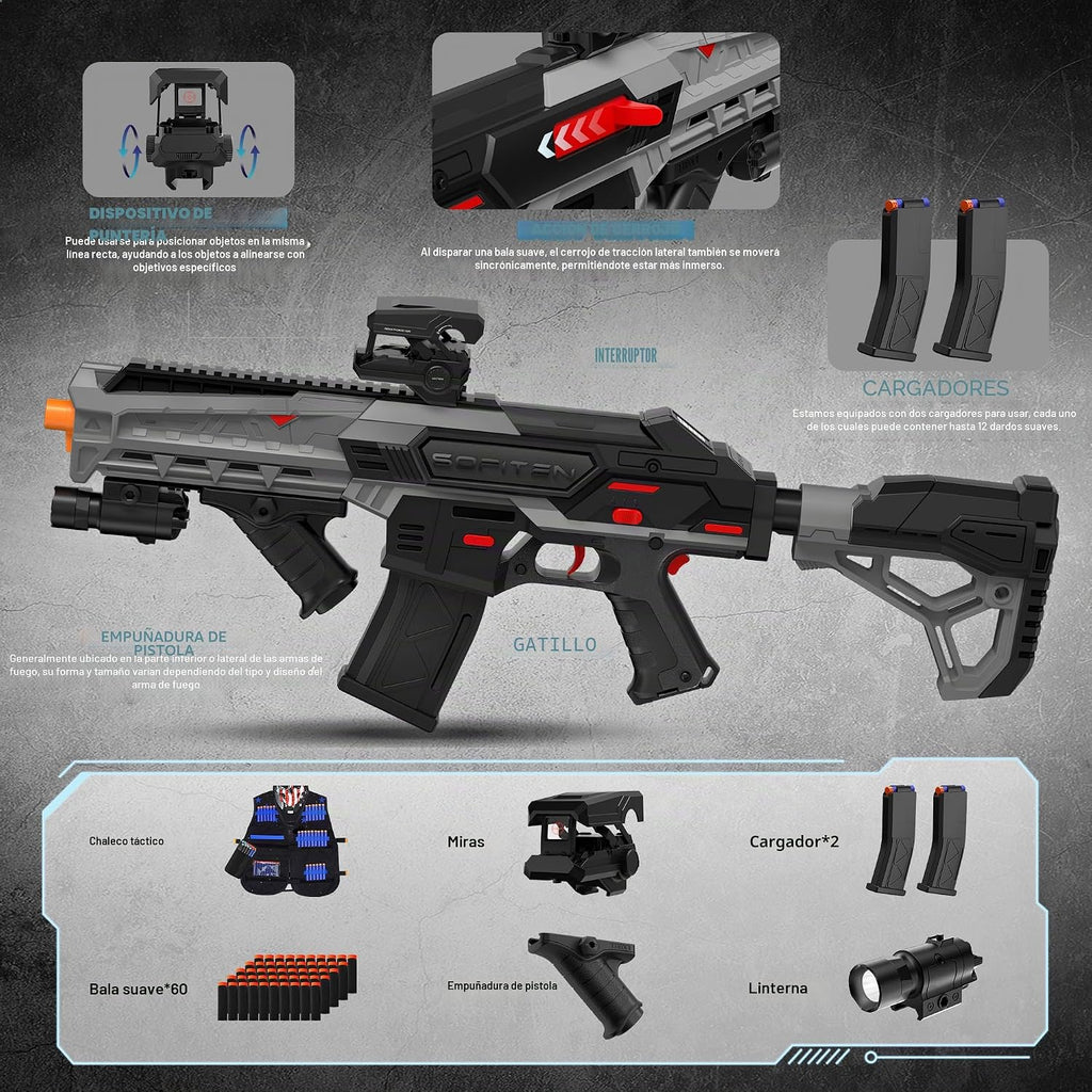 SOFITEN Pistola de juguete automática con alcance ajustable, rifle de francotirador de juguete eléctrico con chaleco, linterna, agarre, juegos de disparo para interiores y exteriores, regalos para