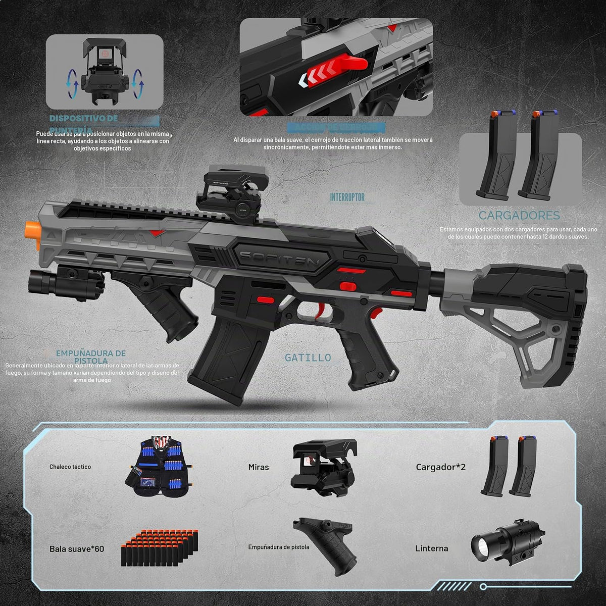SOFITEN Pistola de juguete automática con alcance ajustable, rifle de francotirador de juguete eléctrico con chaleco, linterna, agarre, juegos de disparo para interiores y exteriores, regalos para