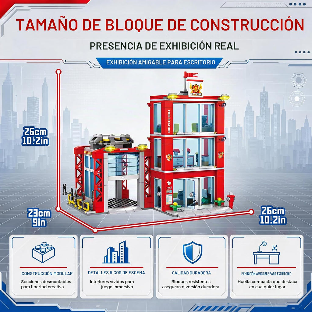 Juego de construcción de estación de bomberos de ciudad, modelo de sede del departamento de bomberos con camión de bomberos, helicóptero y dron de rescate, kit de construcción coleccionable