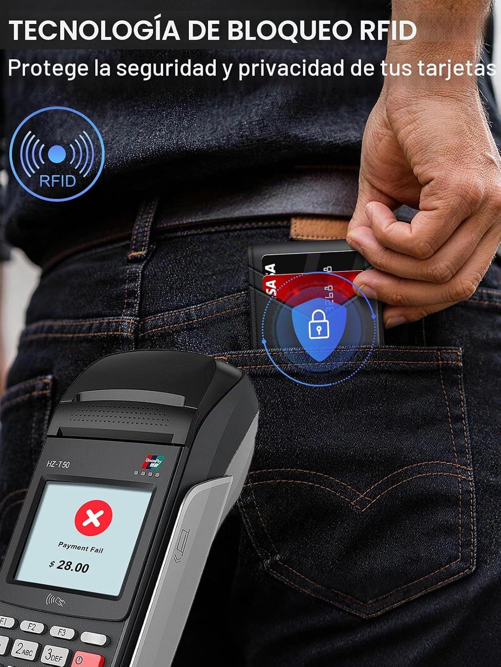 Billetera para hombre con bloqueo RFID minimalista para 12-14 tarjetas | Cartera inteligente delgada y plegable con ventana para identificación y ranura para efectivo, bolsillo frontal, estuche