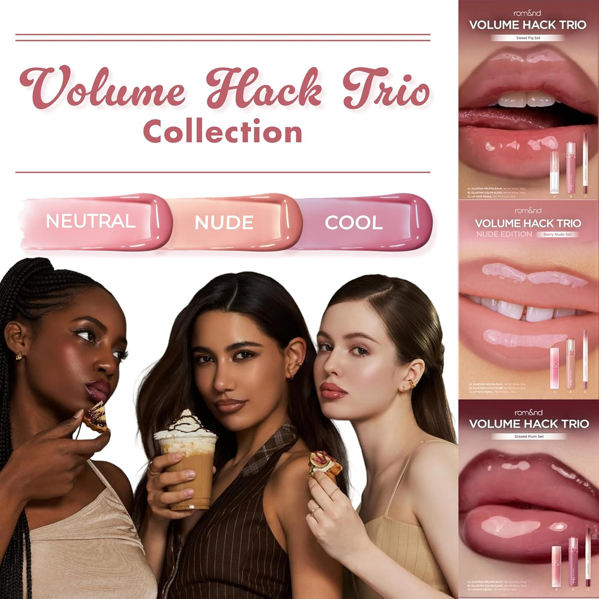 rom&amp;nd Volume Hack Trio Berry Nude Set | Kit de labios volumino...