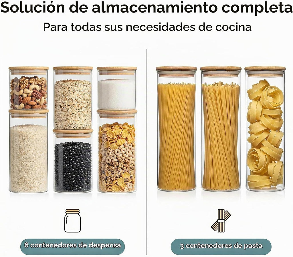 Contenedores herméticos de vidrio con tapas, paquete de 9 recipientes de almacenamiento de despensa y pasta, 25/37/51/78 onzas, juego de recipientes cuadrados de cocina para harina, azúcar