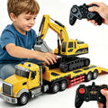 Semirremolque RC con juego de juguetes de excavadora, tractor de ingeniería de semirremolque RC de 24 pulgadas con excavadora, camión 1:24 con luces LED y música, gran regalo para niños y niñas
