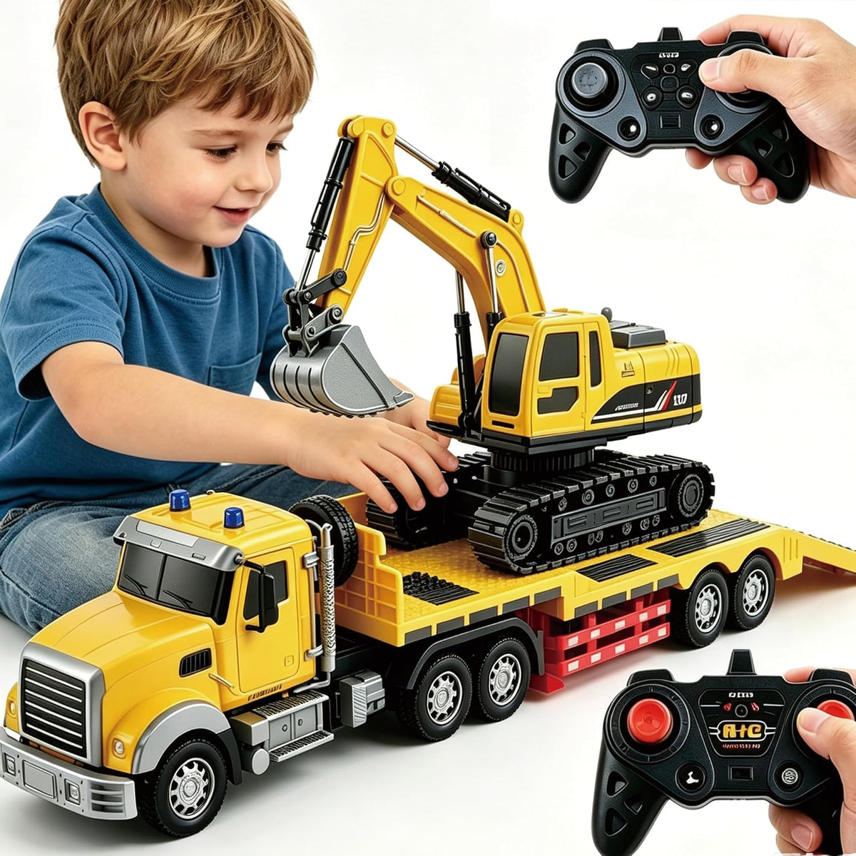 Semirremolque RC con juego de juguetes de excavadora, tractor de ingeniería de semirremolque RC de 24 pulgadas con excavadora, camión 1:24 con luces LED y música, gran regalo para niños y niñas