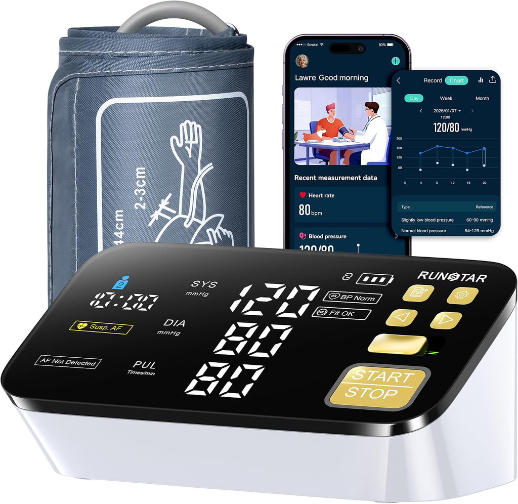 RunStar Monitor inteligente de presión arterial para uso doméstico, con manguito ancho de presión arterial superior (8.6 a 17.3 pulgadas), apto para FSA y HSA, pantalla LED transparente de 6.5
