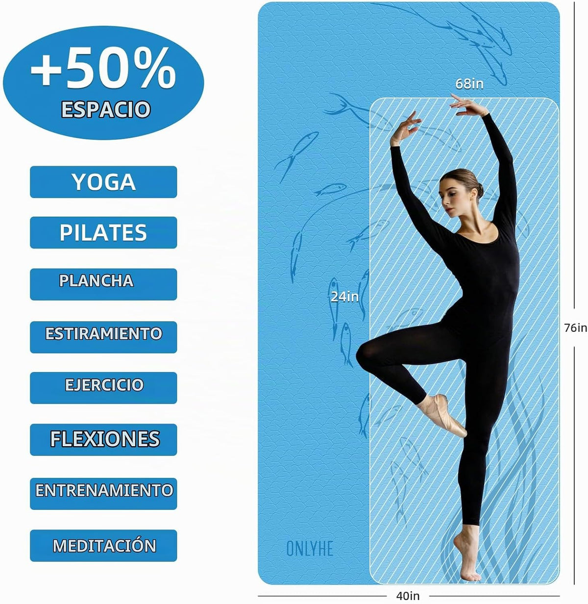 Esterilla de yoga extra ancha 76"x40"x10mm TPE antideslizante