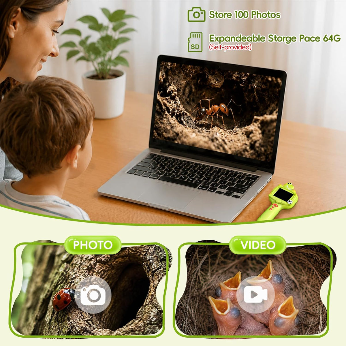 Cámara Boroscopio con Luz para Niños, 2.4" IPS, Dinosaurio Verde