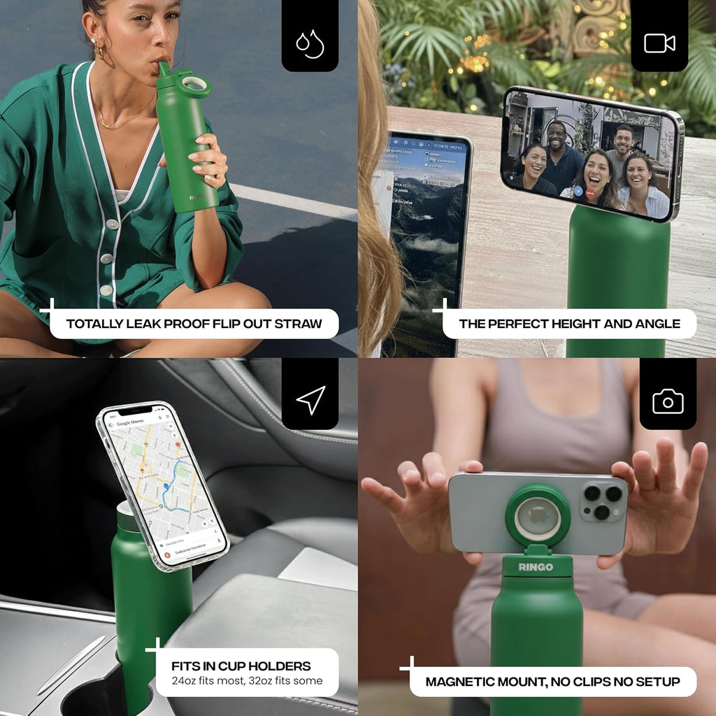 RINGO PRO Botella de agua aislada, soporte magnético para trípode para teléfono, verde, 24 onzas