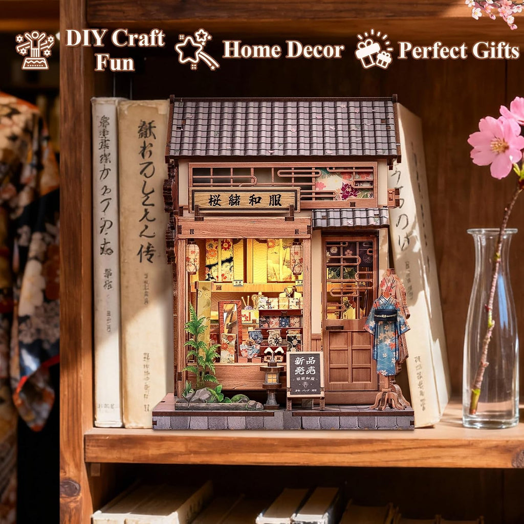 CUTEBEE Kit de rincón de libro, tienda de kimonos de Sakura japonesa, casa de muñecas en 3D, rompecabezas de madera 3D para adultos y adolescentes, decoración de estantería en miniatura, regalo ideal