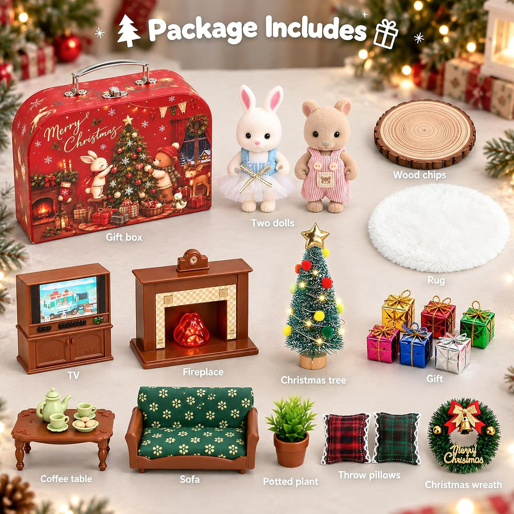 Juego de maletas de muebles de casa de muñecas de Navidad para niños, 2 muñecas flexibles/árbol de Navidad/chimenea/sofá/TV, accesorios de casa de muñecas para niñas a partir de 3 años
