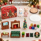 Juego de maletas de muebles de casa de muñecas de Navidad para niños, 2 muñecas flexibles/árbol de Navidad/chimenea/sofá/TV, accesorios de casa de muñecas para niñas a partir de 3 años