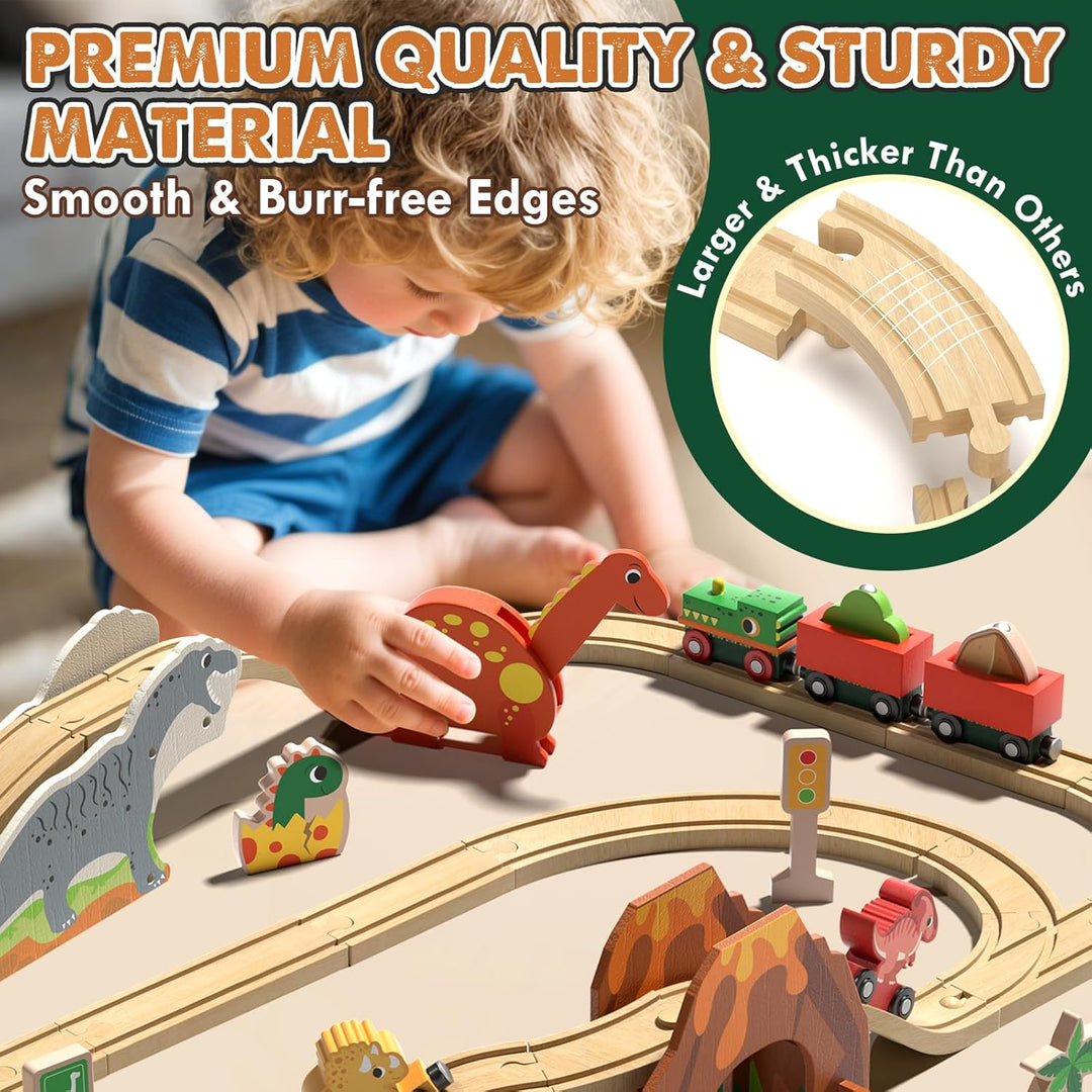 Lehoo Castle Set de Tren de Madera, Set de Pista de Tren de Dinosau...