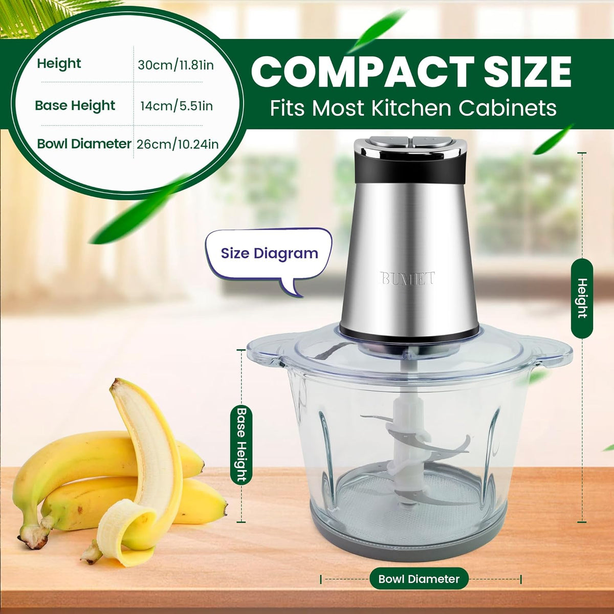 Picadora de alimentos 800W 2-12 tazas Temporizador LED 3 niveles 6 cuchillas