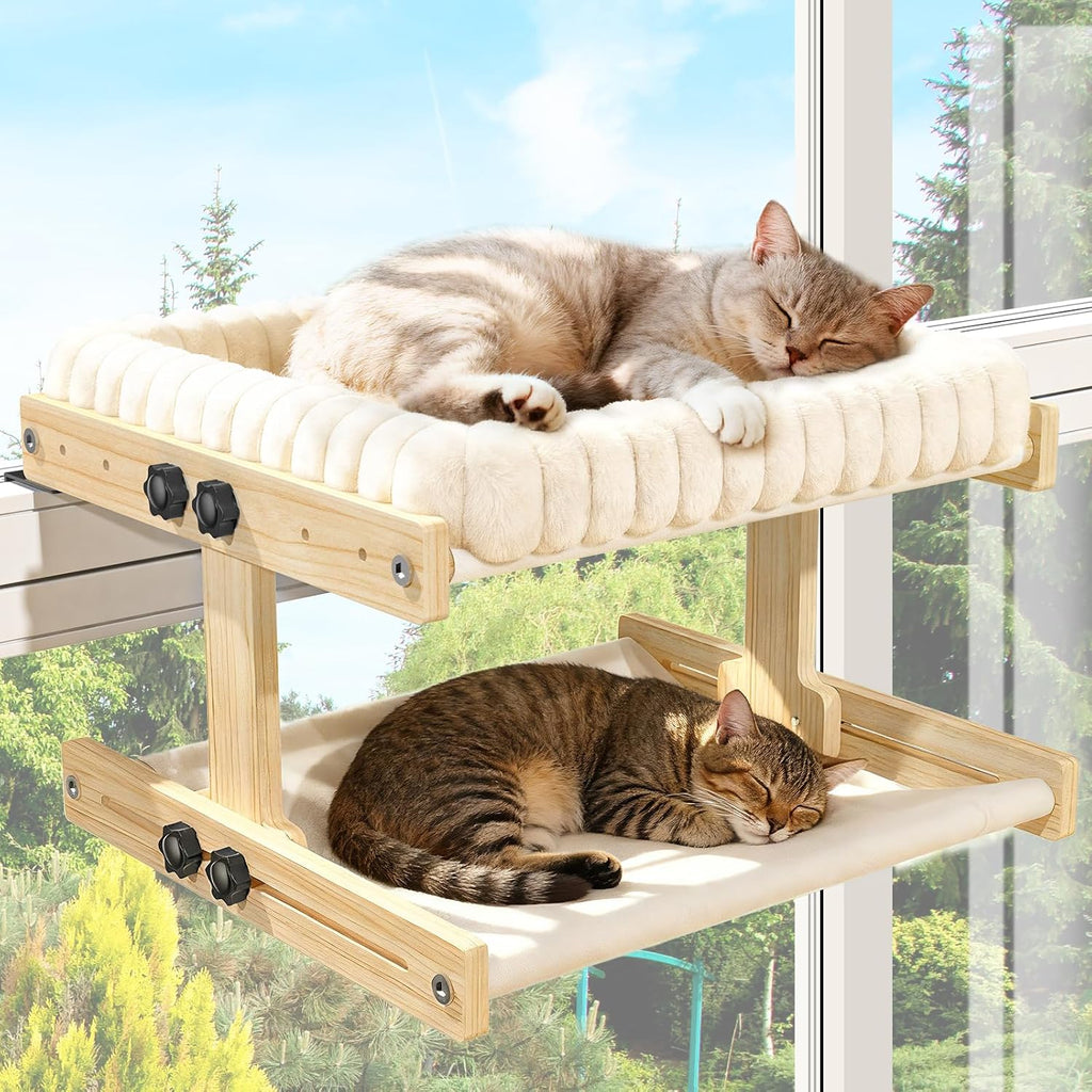 XiaZ Percha para gatos con ventana para gatos, cama interior para ventana, marco de madera ajustable, observación de aves, tomar el sol, ahorro de espacio, doble capa de 18 x 16 x 10 pulgadas (se recomienda razas pequeñas)