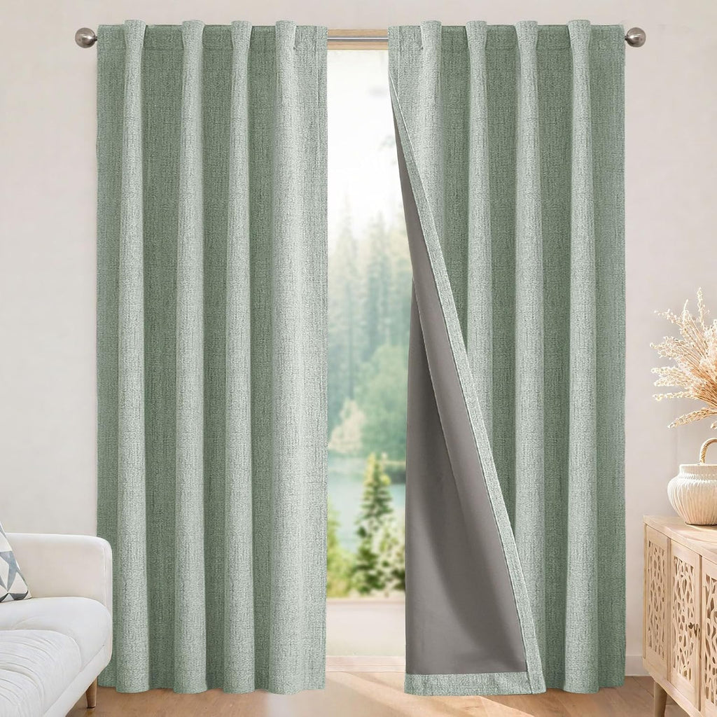 Joydeco - Cortinas 100 % opacas para dormitorio, cortinas de lino natural, cortinas de bloqueo de luz con aislamiento térmico, bolsillo para barra y pestaña trasera