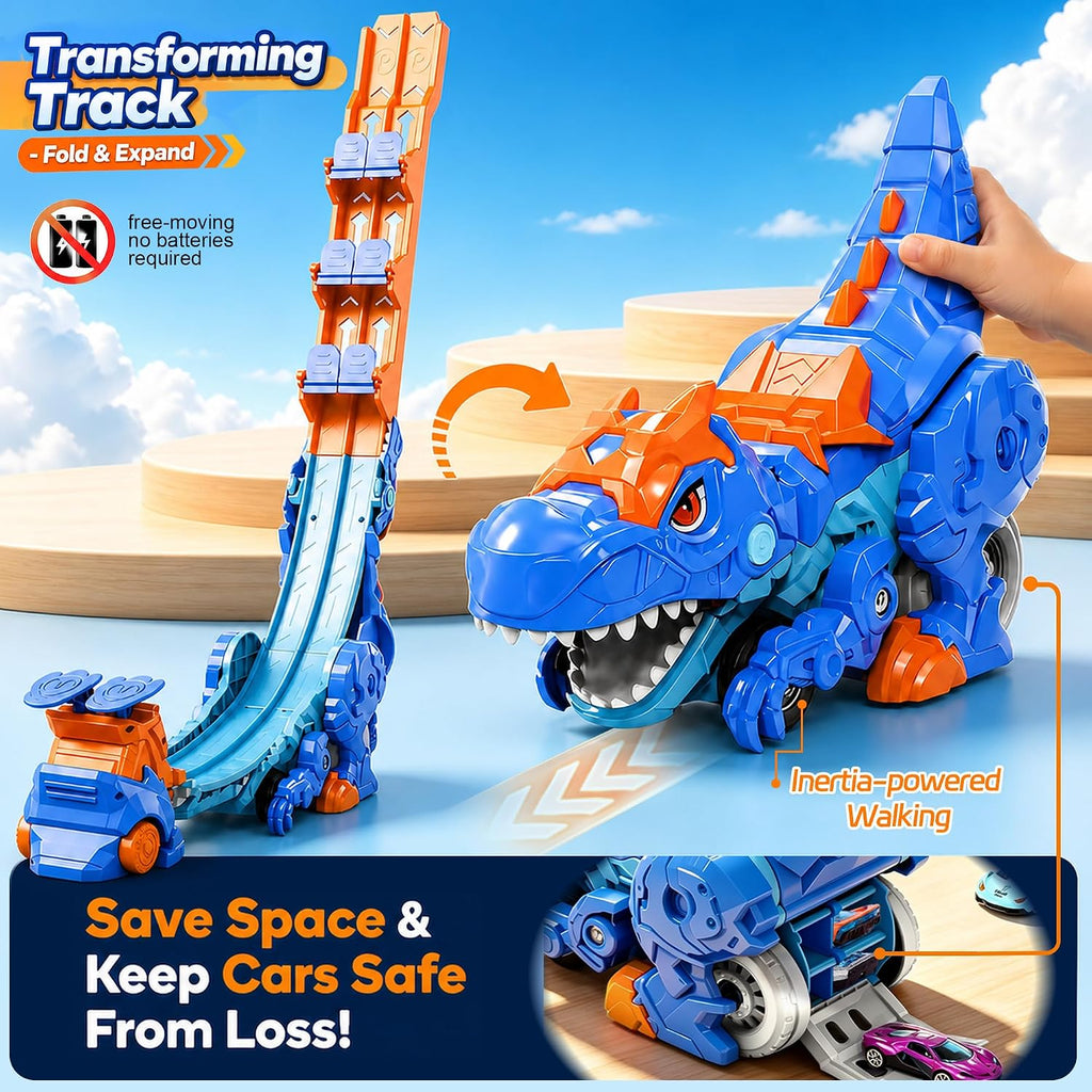Camión de dinosaurio 4 en 1 con 6 autos fundidos, camión de dinosaurio de transporte transformable con lanzadores de doble pista y pistas deslizantes plegables