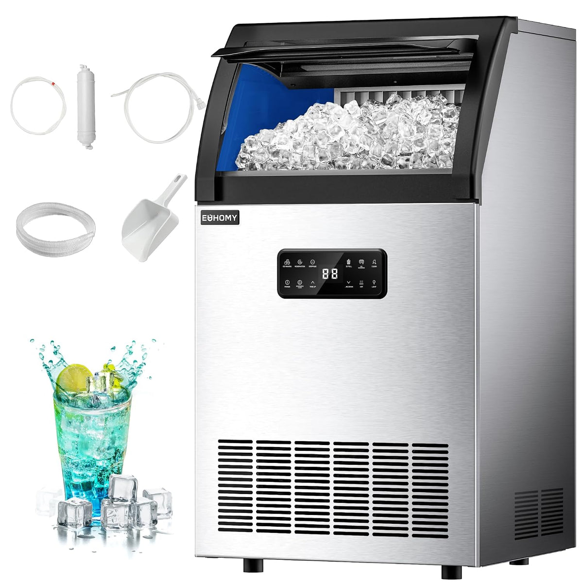 EUHOMY Máquina de hielo comercial, 120 libras/24 horas, máquina de hielo de acero inoxidable debajo del mostrador con filtro de agua, contenedor de almacenamiento de 33 libras, 45 cubos en 8-12