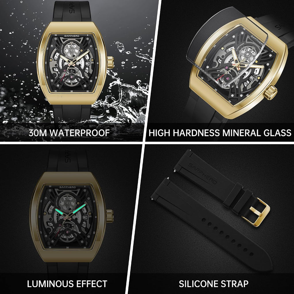 SAPPHERO Reloj para hombre, esfera de esqueleto Tonneau, caja de acero inoxidable, movimiento de cuarzo japonés, correa de silicona, reloj de pulsera deportivo y de moda, resistente a los 30M, fecha