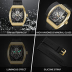 SAPPHERO Reloj para hombre, esfera de esqueleto Tonneau, caja de acero inoxidable, movimiento de cuarzo japonés, correa de silicona, reloj de pulsera deportivo y de moda, resistente a los 30M, fecha