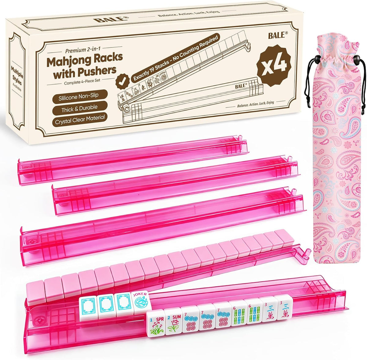 No-Counting & Non-Slip Acrylic Mahjong Racks con Pushers Set de 4 & Bag