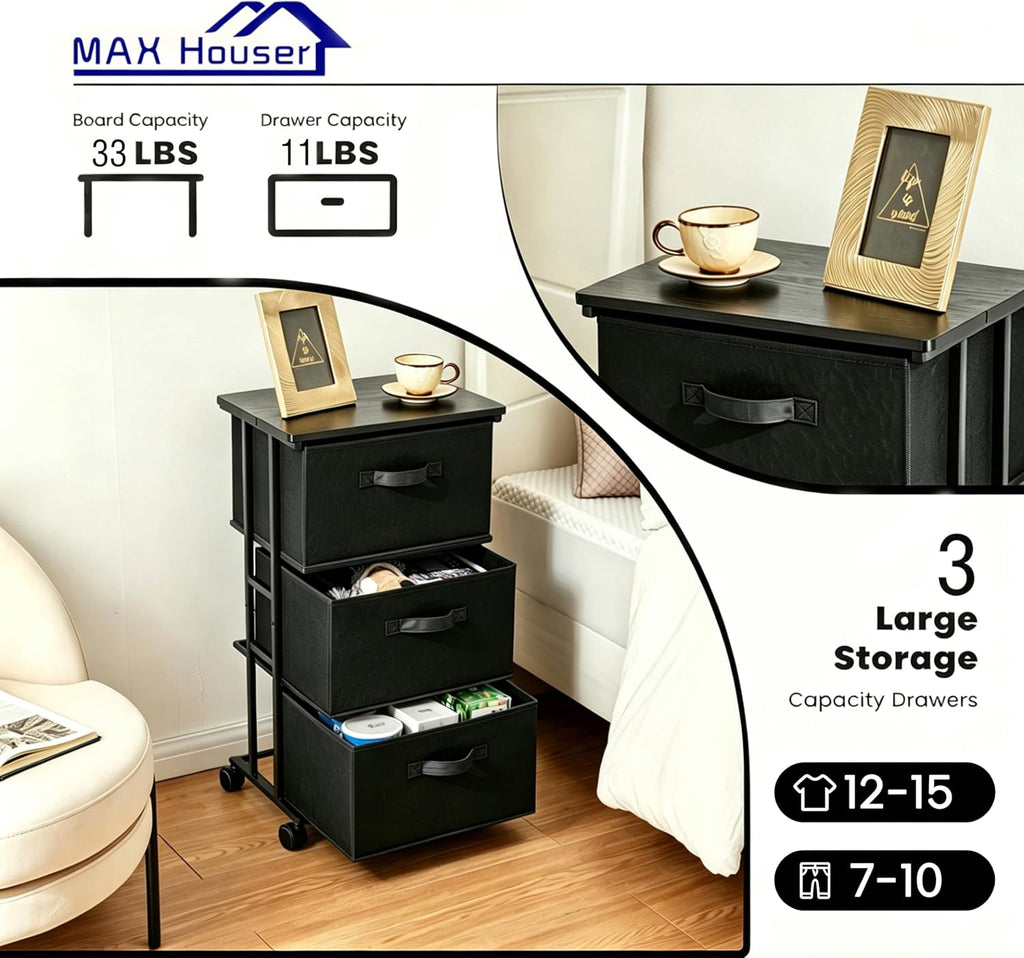 Cómoda de almacenamiento con 3 cajones, cómoda de tela, torre de almacenamiento vertical para dormitorio, armario, oficina, negro