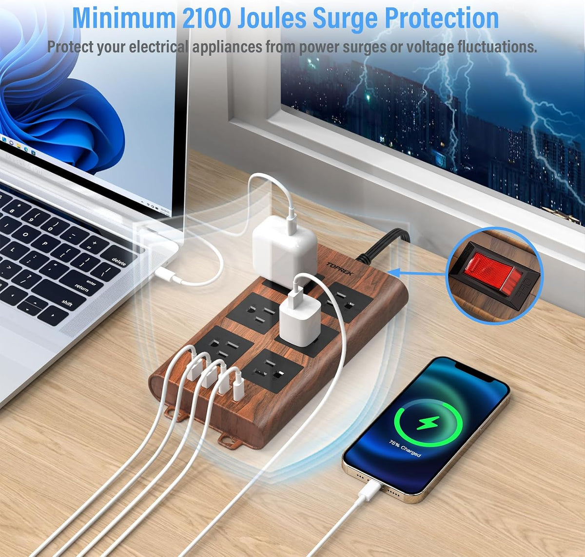Regleta de protección contra sobretensiones (2100J), 6 tomas de corriente ampliamente espaciadas con 2 USB-C y 2 USB-A, cable de extensión de 6.5 pies con enchufe plano ultrafino, regleta de