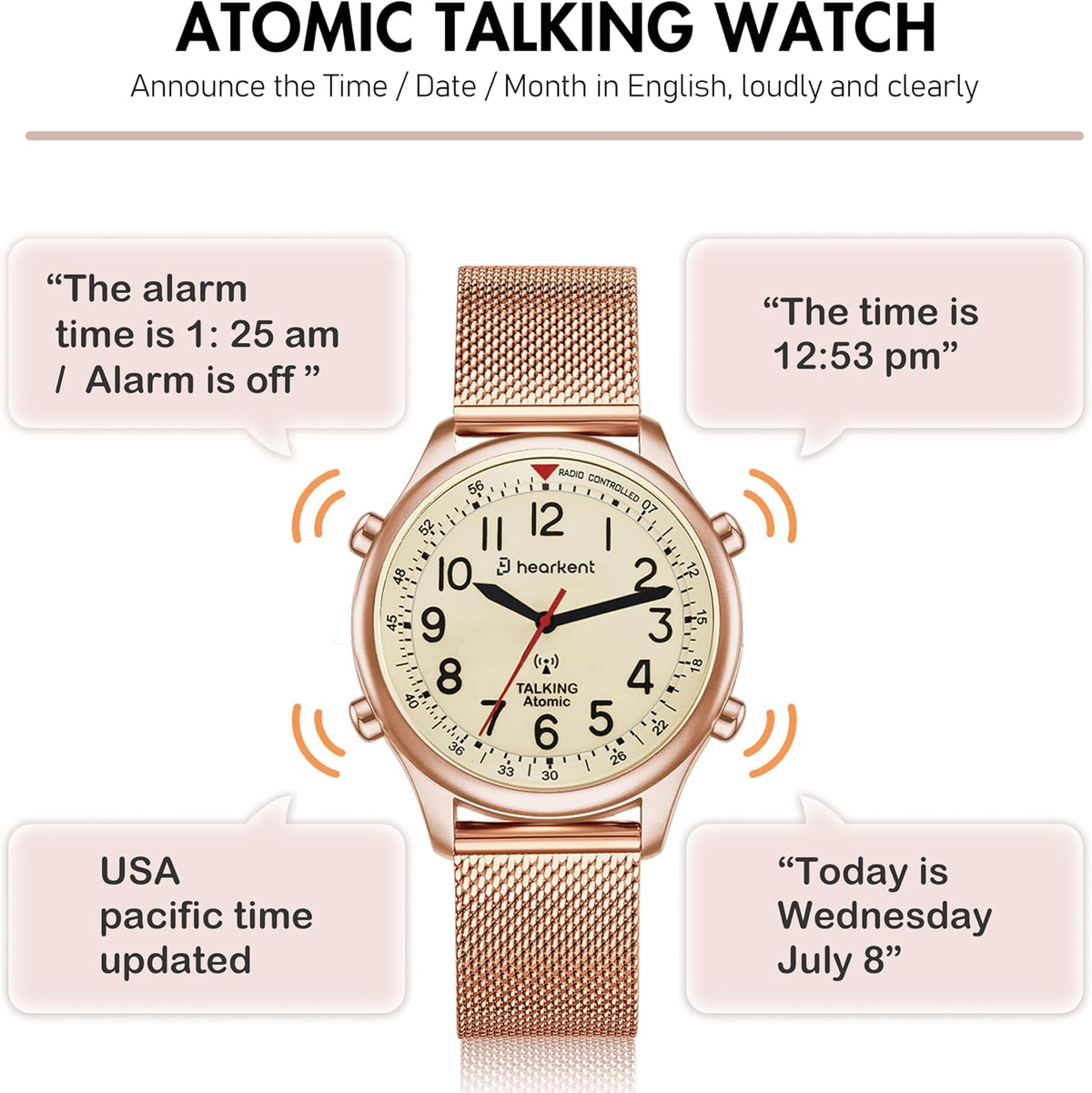 Hearkent Reloj atómico parlante para mujer, alto y claro, en inglés para personas mayores, ciegas, visualmente impariadas, regalo exquisito y elegante, 2004L