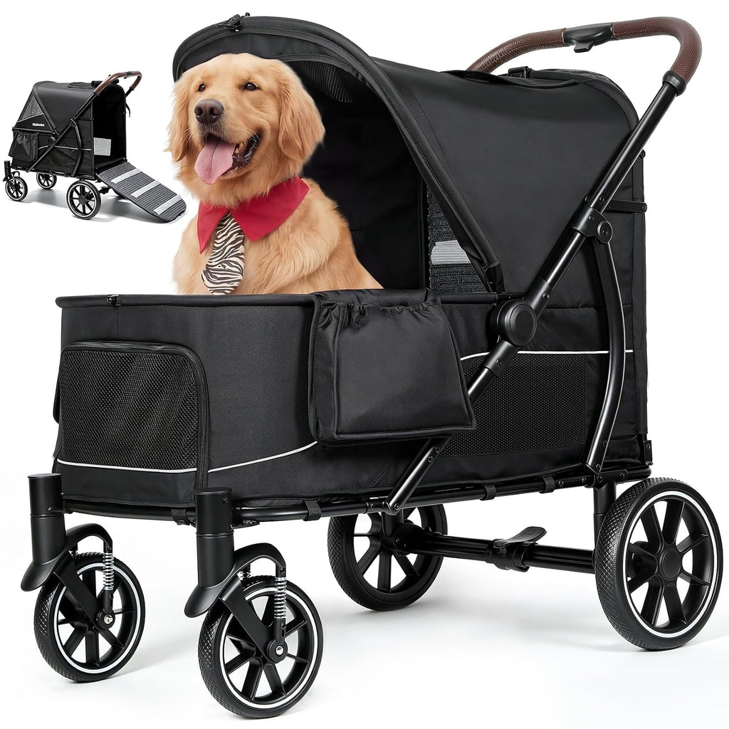 ELEMARA Cochecito grande para perros con rampa para caminar, hasta 110 libras, cochecito resistente para perros grandes y 2 perros medianos, vagón todo terreno para mascotas mayores, heridas y
