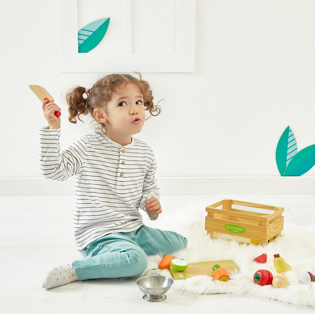 Janod Juego maxi de frutas y verduras - Comida de madera para jugar en rodajas - Juego de 13 piezas - A partir de 3 años - J06607