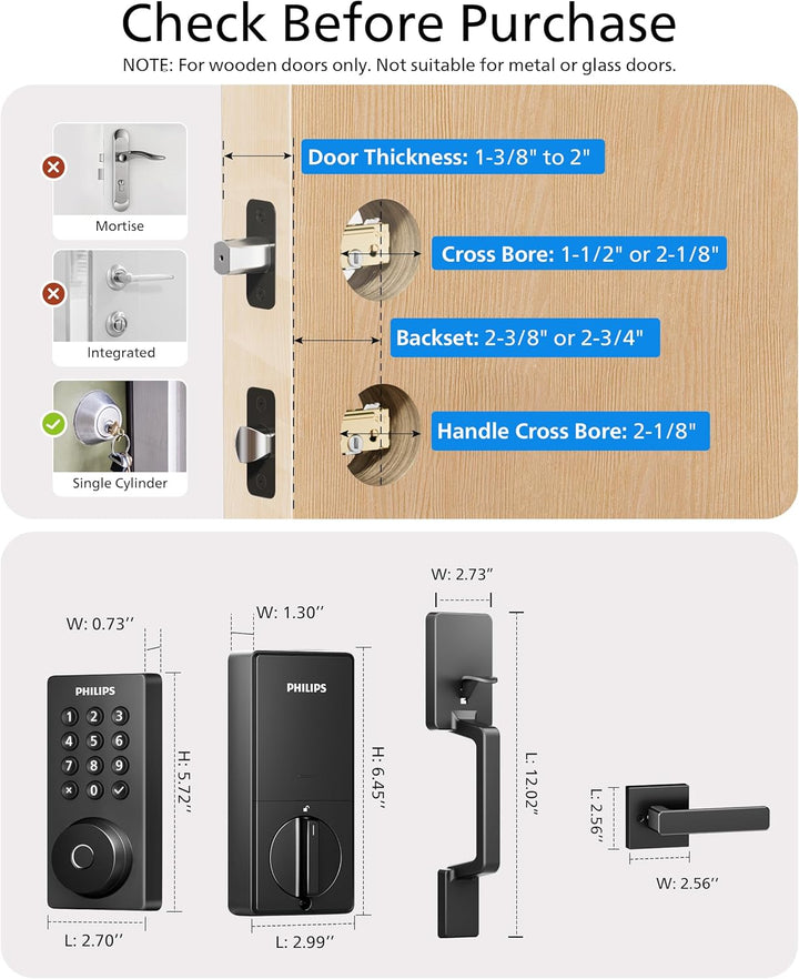 Cerradura inteligente Wi-Fi Philips con cerrojo de puerta y manija,...