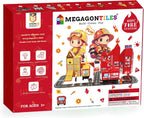 MEGAGONTILES Juego de 60 azulejos magnéticos para estación de bomberos | Bloques de construcción magnéticos STEM con camiones de bomberos y grúas | Juguete educativo de construcción para niños de 3 a 8 años | Compatible con todas las marcas de azulejos