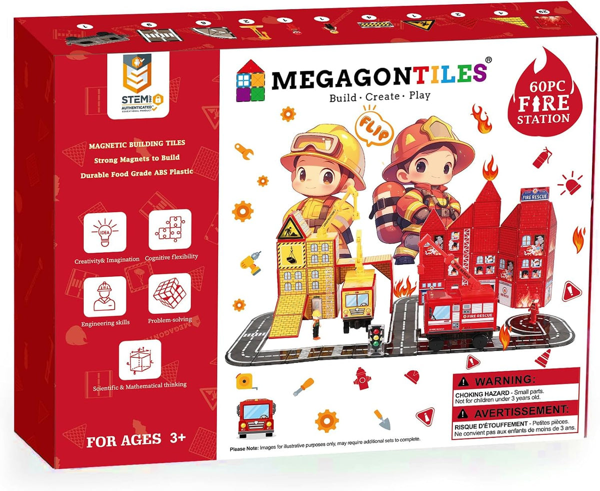 MEGAGONTILES Juego de 60 azulejos magnéticos para estación de bomberos | Bloques de construcción magnéticos STEM con camiones de bomberos y grúas | Juguete educativo de construcción para niños de 3 a 8 años | Compatible con todas las marcas de azulejos