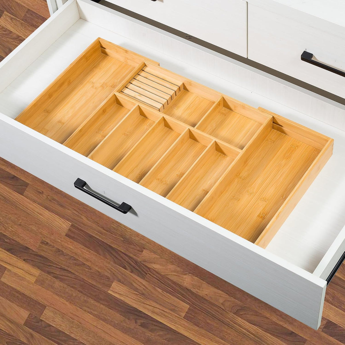VaeFae Soporte para utensilios de cocina extra grande, organizador de cajones de cubiertos de bambú, organizador de cubiertos expandible con bloque de cuchillos, divisor de cajones multifuncional