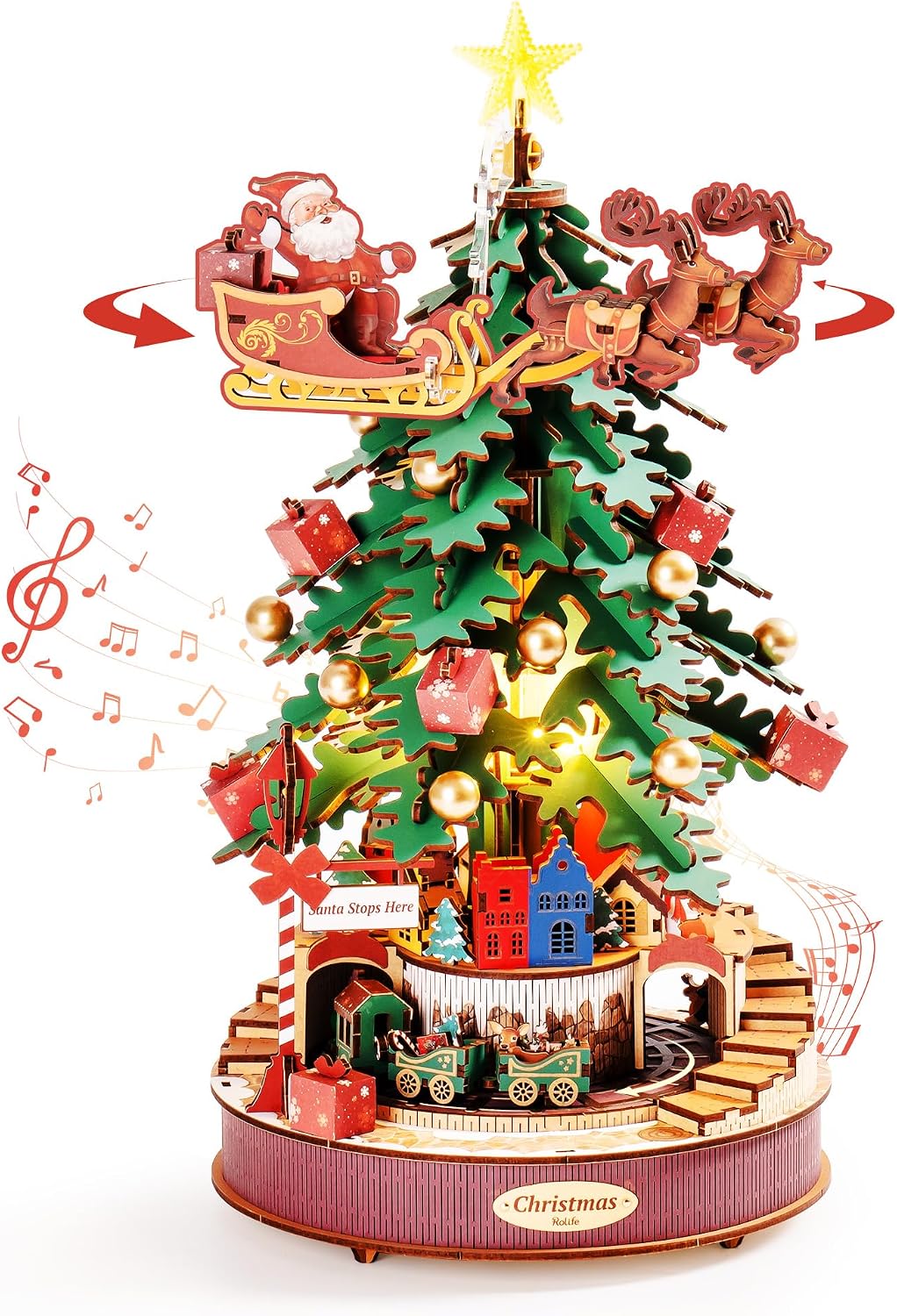 Rolife Rompecabezas 3D para adultos, árbol de Navidad musical de madera de 15.7 pulgadas, kit de construcción de modelos, manualidades, decoración para adultos, regalos para niños y niñas